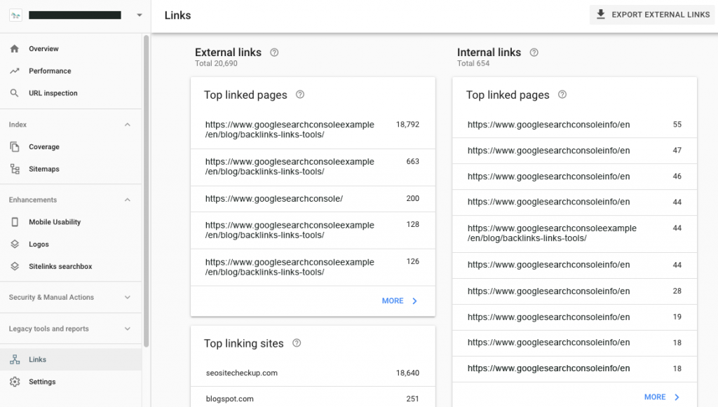 Screenshot of Google Search Console's Backlink Report