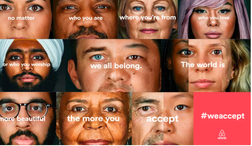 a range of people from different cultures and backgrounds with "we all belong" text and airbnb logo - controversial marketing campaign